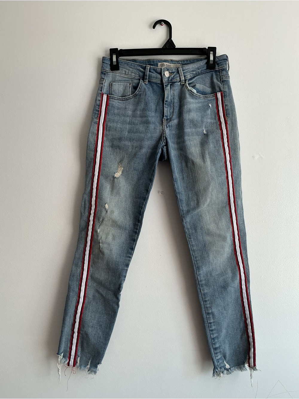 Light Blue Women's Distressed Jeans with Red Side Stripes